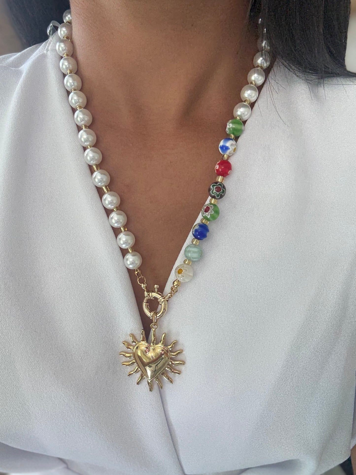 Millefiori Heart Pearls Necklace