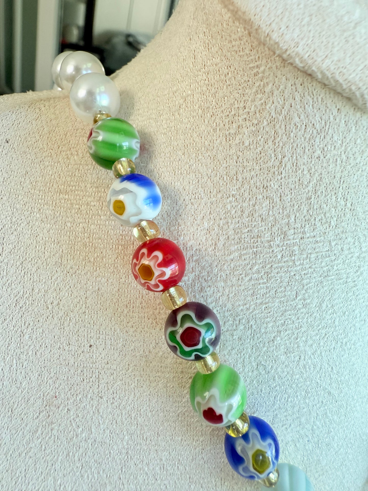 Millefiori Heart Pearls Necklace