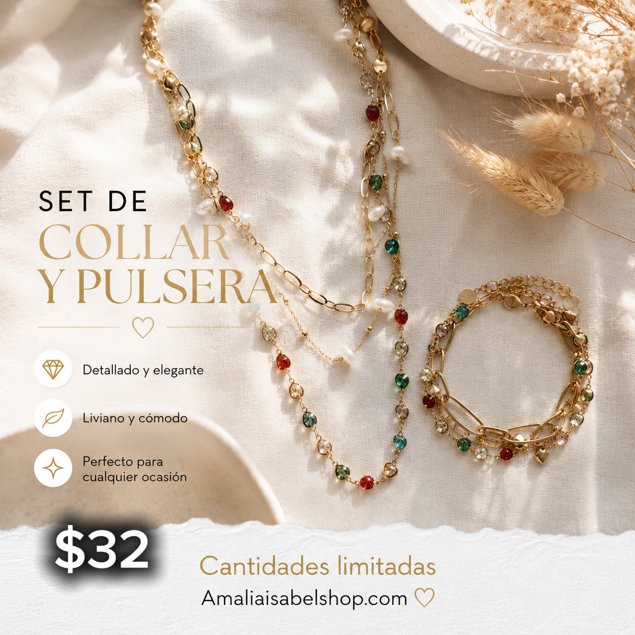 Set Leonor Heart Pearl Layering Necklace with Bracelet